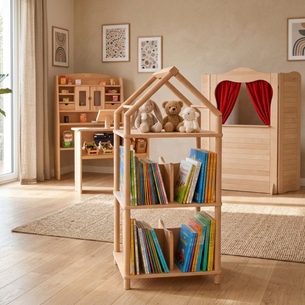 Quadratisches Montessori Bücherregal HELSINKI mit Büchern und Spielzeug im hellen Kinderzimmer.